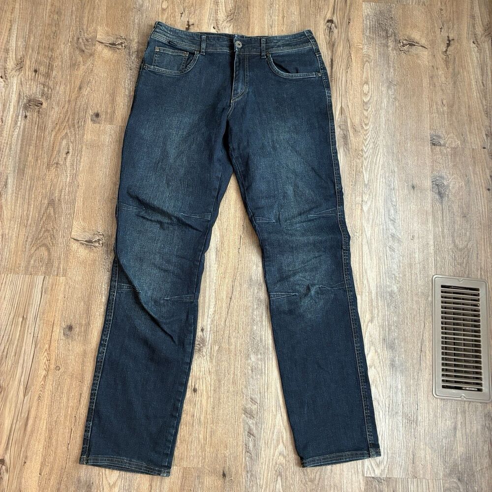 Kuhl Rydr Jeans Mens 33x34 Blue Dark Wash Indigo Dye Stretch Articulated Knees